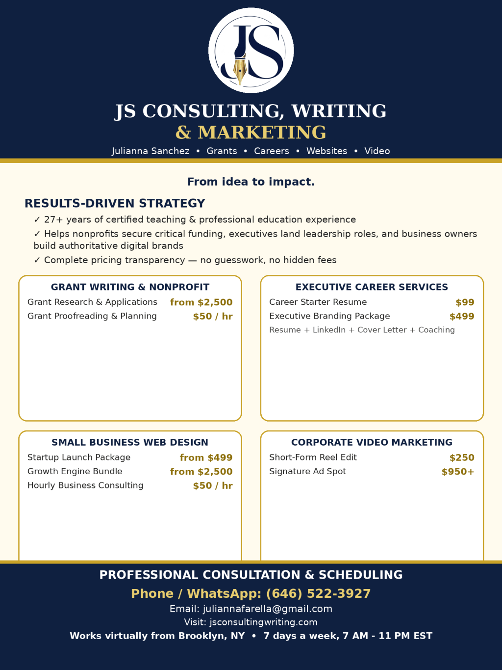 JS Consulting, Writing & Marketing new website — grant writing, nonprofit support, career services, web design, and video marketing
